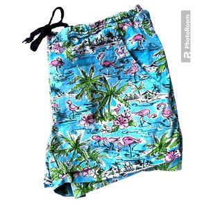 Vintage Flamingo Shorts Drawstring Stretch Waist 32 in Palm Trees Pocket…